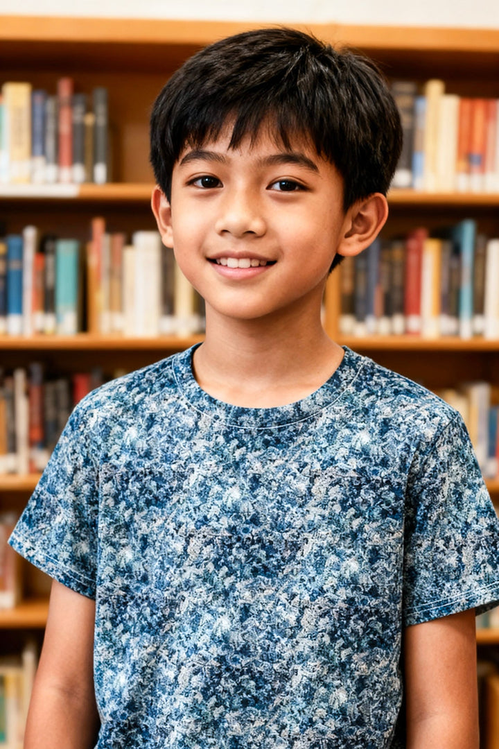 Young boy standing in front of a bookshelf with books.