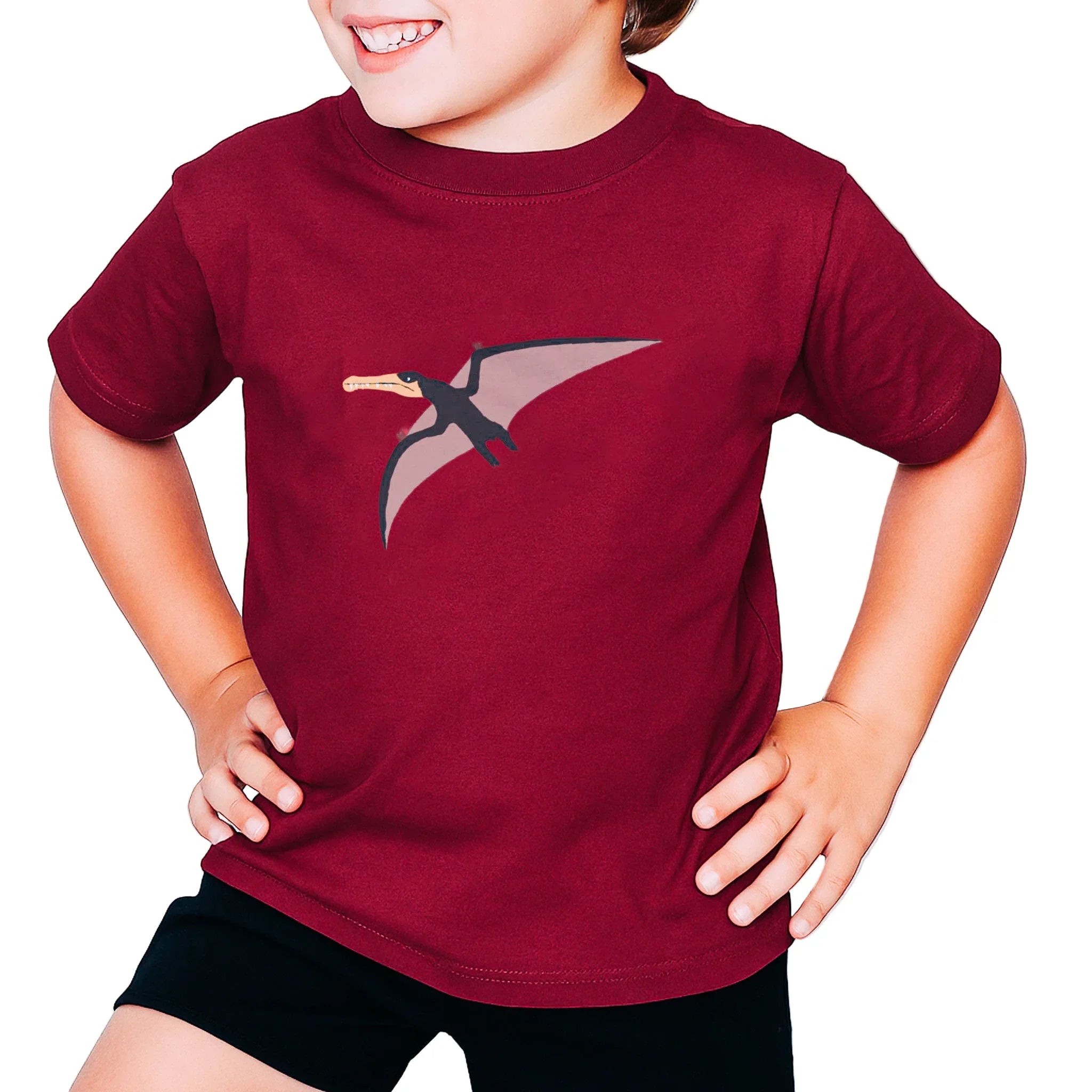 Child wearing a maroon dinosaur flying reptile t-shirt with a pterodactyl design on a light gray background