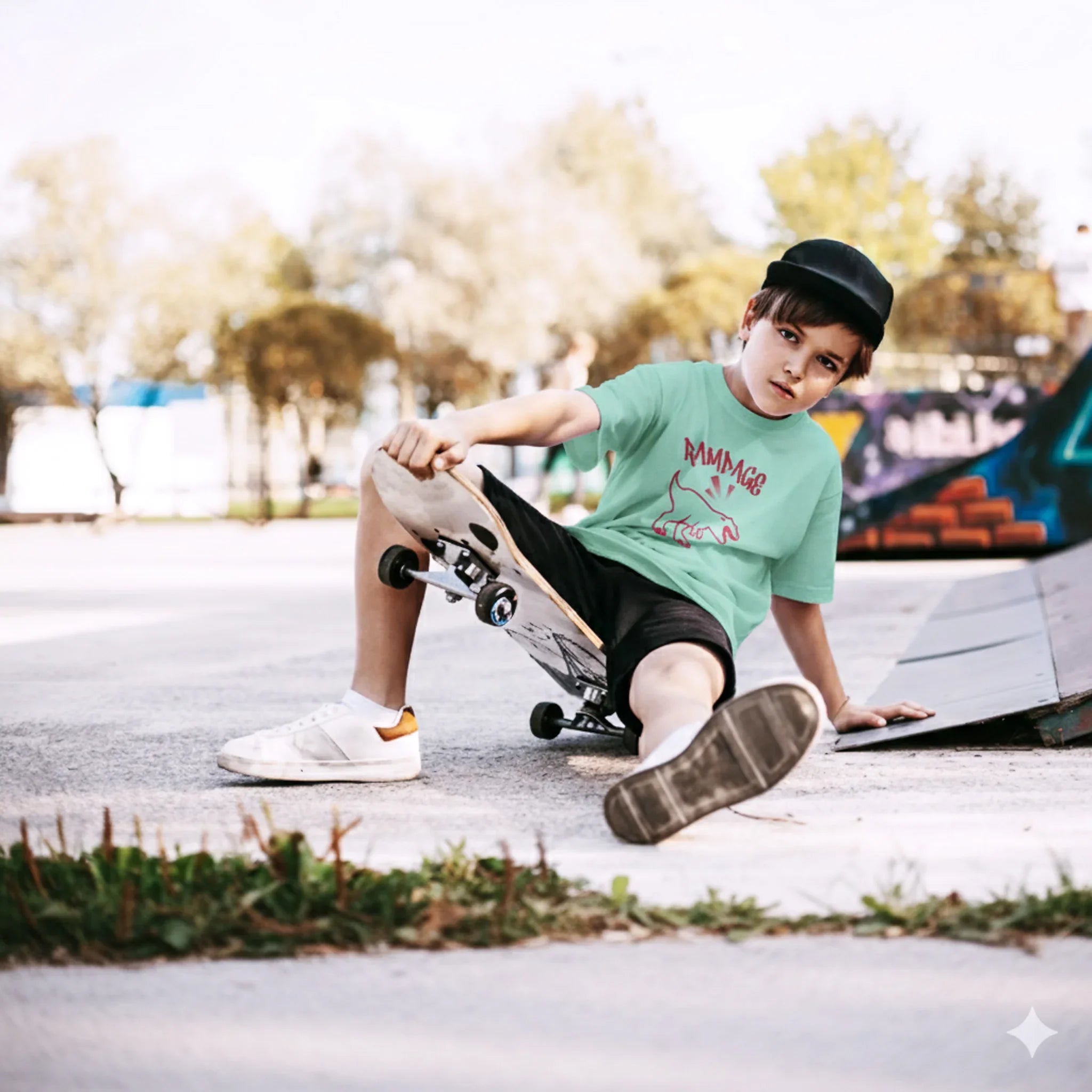 Child sitting on a skateboard in an outdoor setting with trees and a colorful mural in the background wearing a RAMPAGE House Panther tee