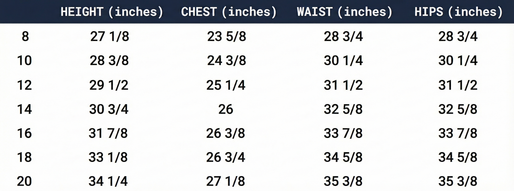 Table displaying height, chest, waist, and hips measurements in inches for different sizes.
