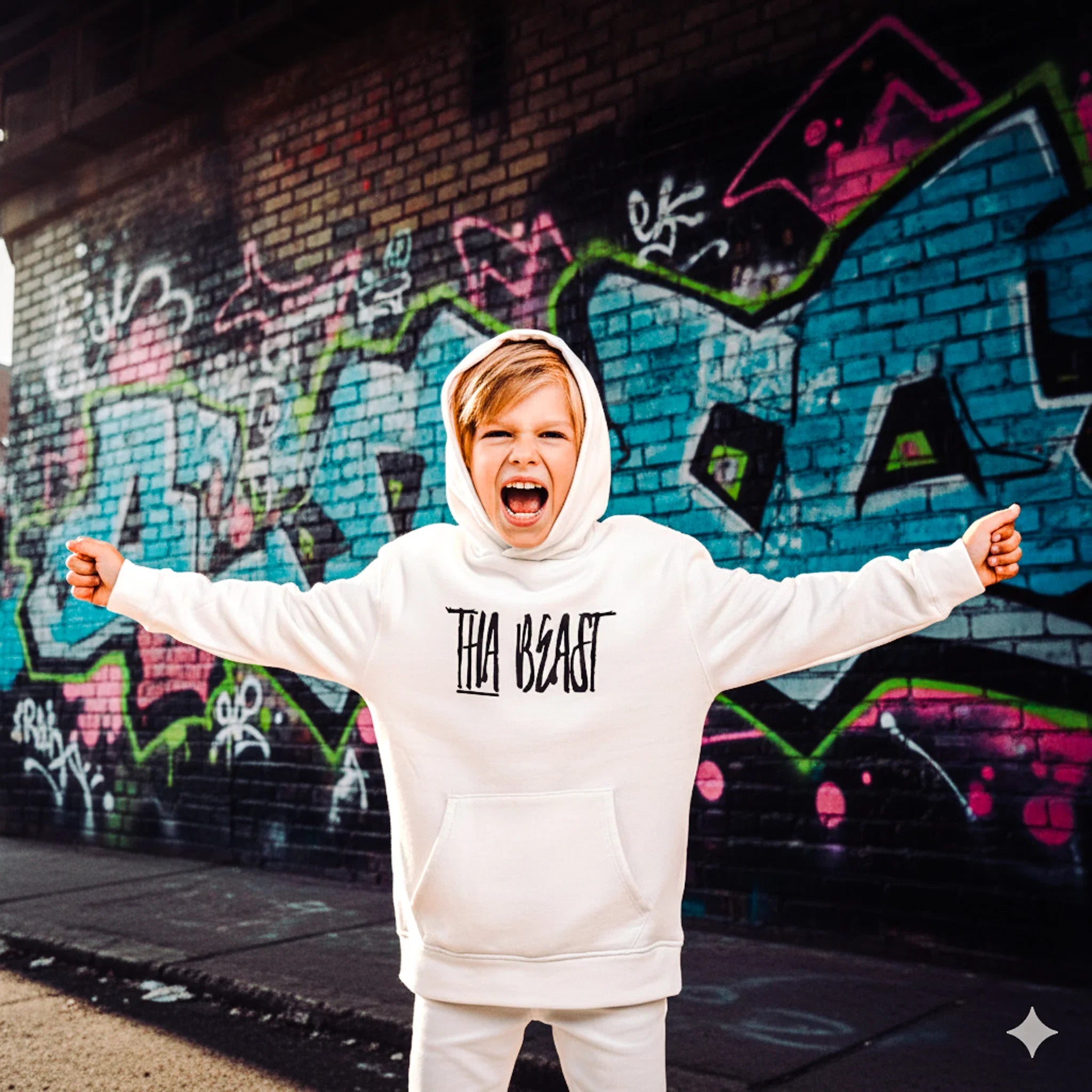 Child wearing a white hoodie with 'THA BEAST' text in front of a graffiti-covered wall.