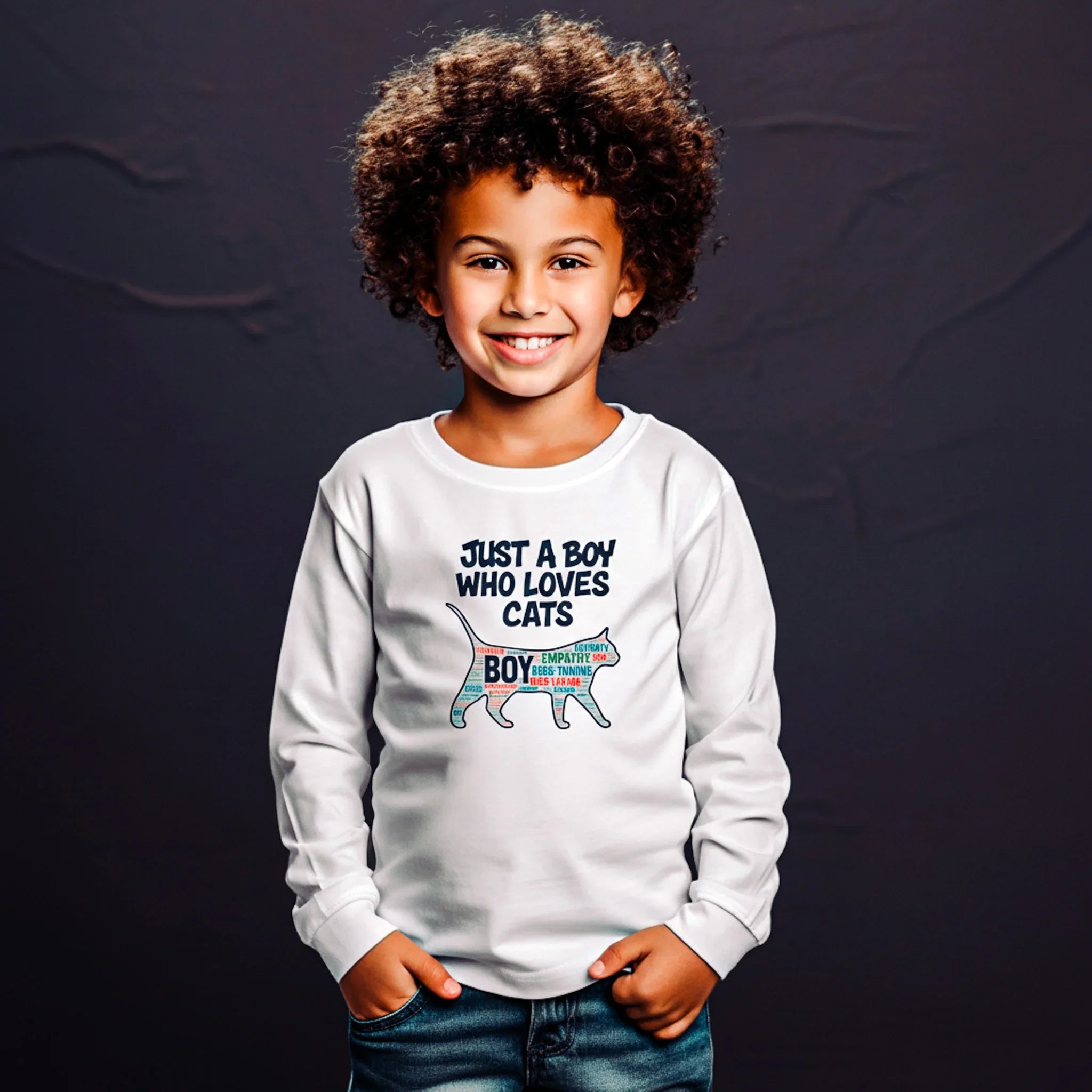 Child wearing a white sweatshirt with a cat-themed design on a dark background
