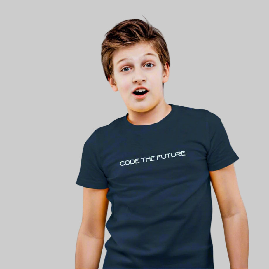 Child wearing a navy blue t-shirt with 'CODE THE FUTURE' text on a light blue background
