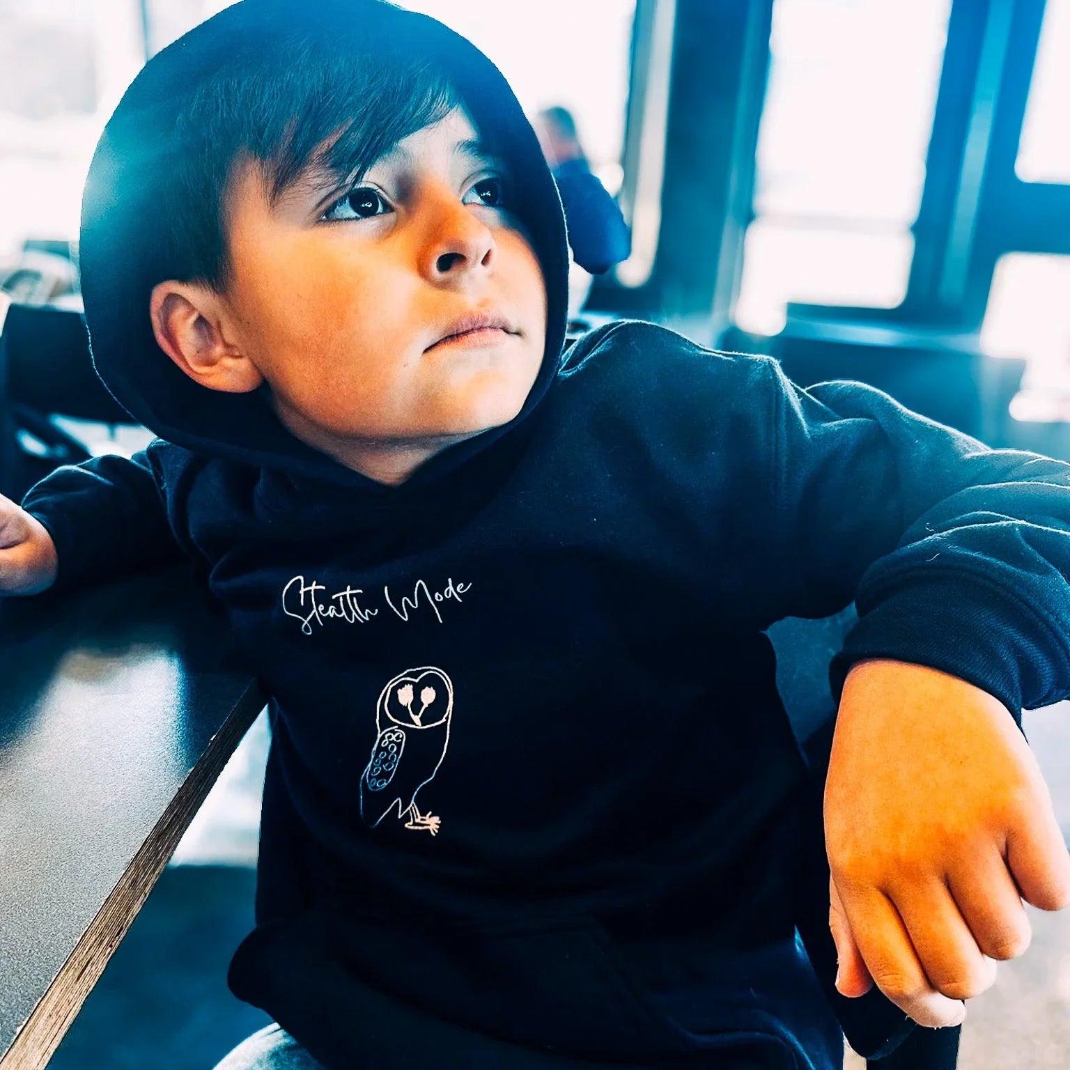 Child wearing a black hoodie "Stealth Mode" House Panther with a logo, sitting on a bench.