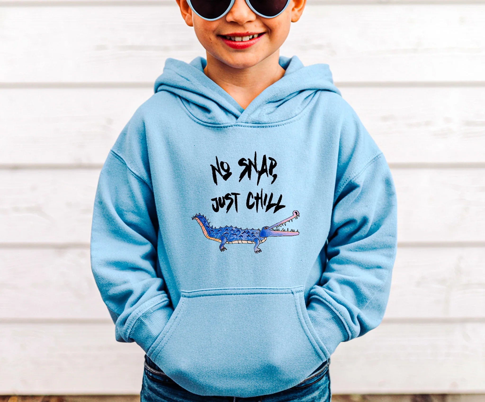 Child wearing a light blue hoodie with text and a alligator House Panther design, standing against a white background.