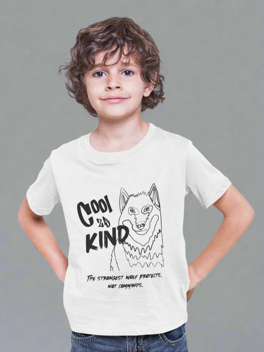 Child wearing a white t-shirt with a wolf graphic and text on a gray background