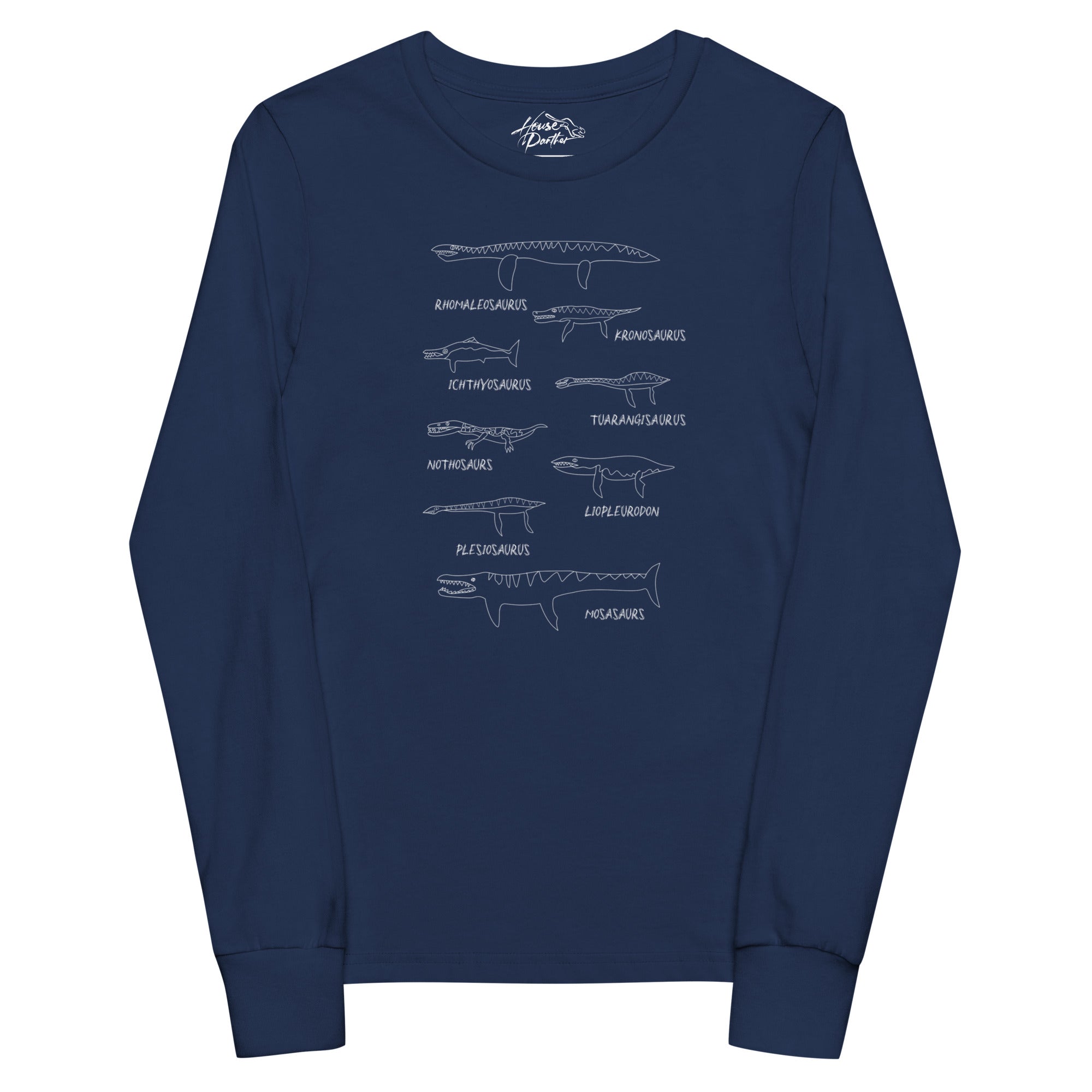 Navy blue long-sleeve shirt with white marine reptile / dinosaur illustrations and labels on a white background