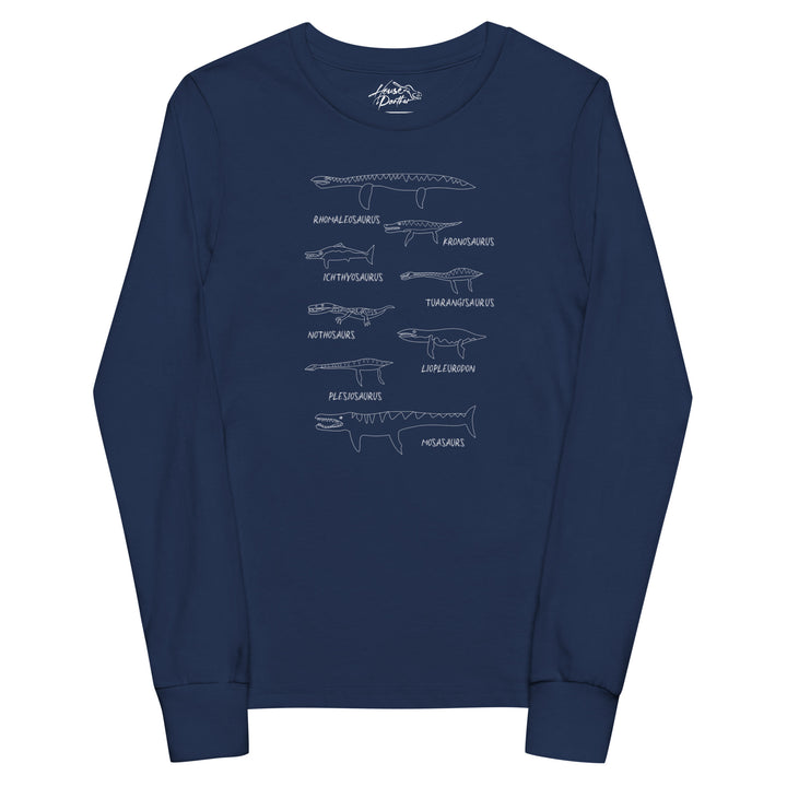 Navy blue long-sleeve shirt with white marine reptile / dinosaur illustrations and labels on a white background